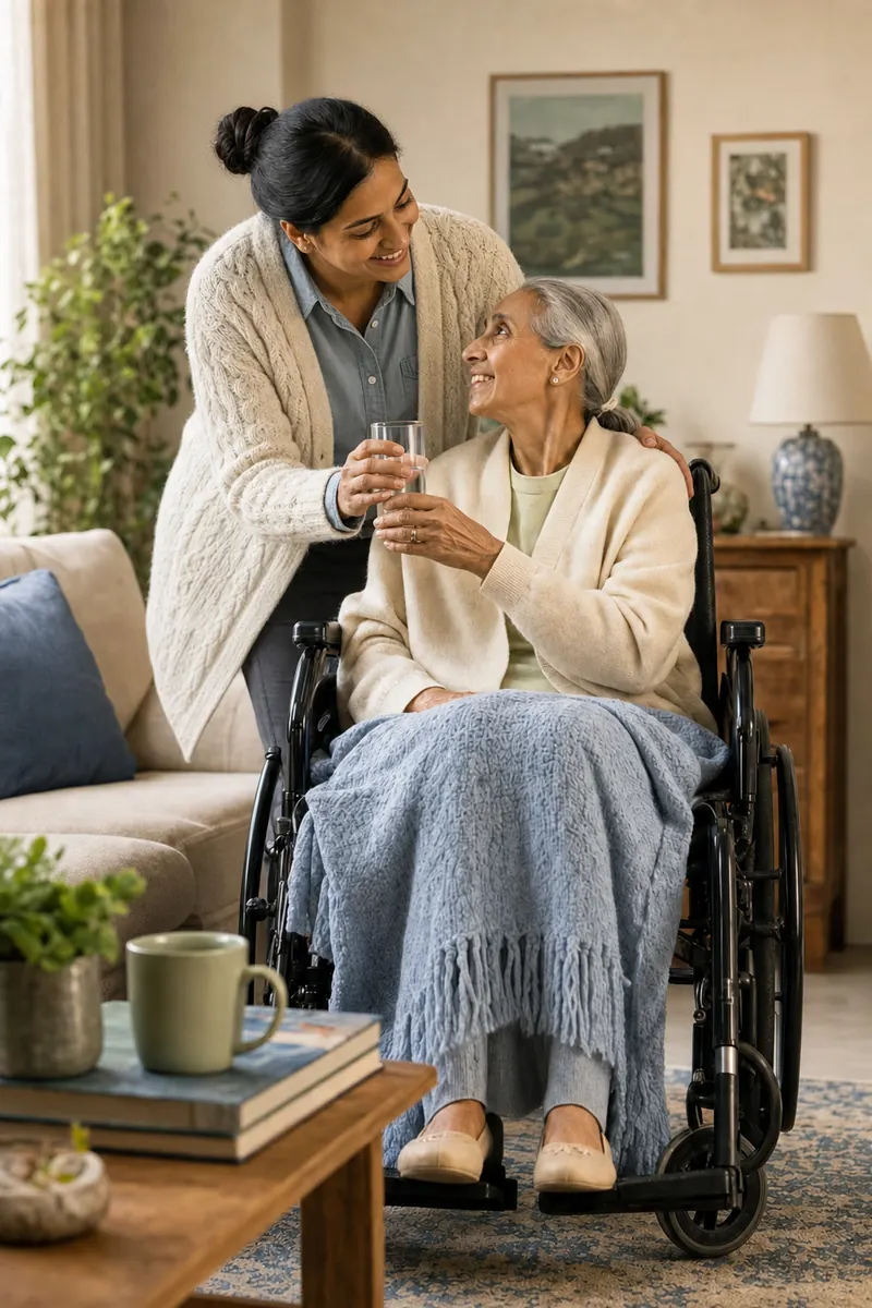 A nurse embracing an elderly patient in a comforting moment