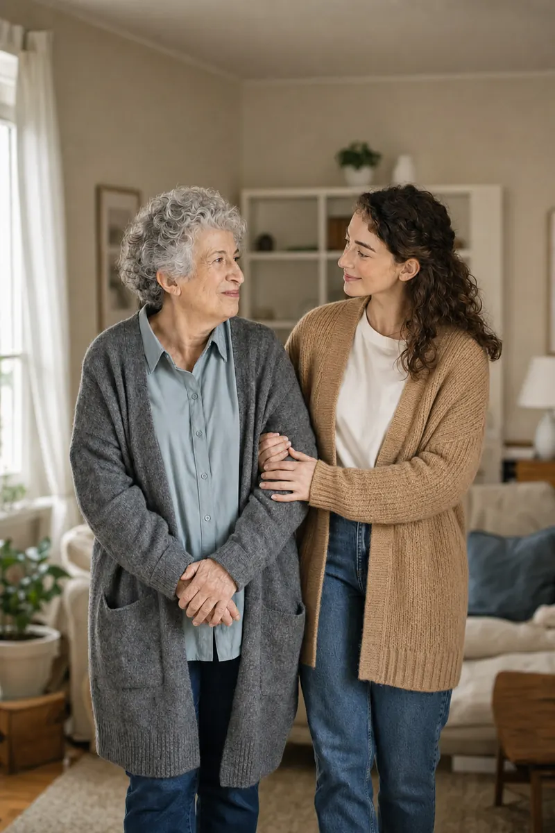 An elderly man relaxing in his armchair with a knit blanket while a caregiver sits beside him in quiet conversation